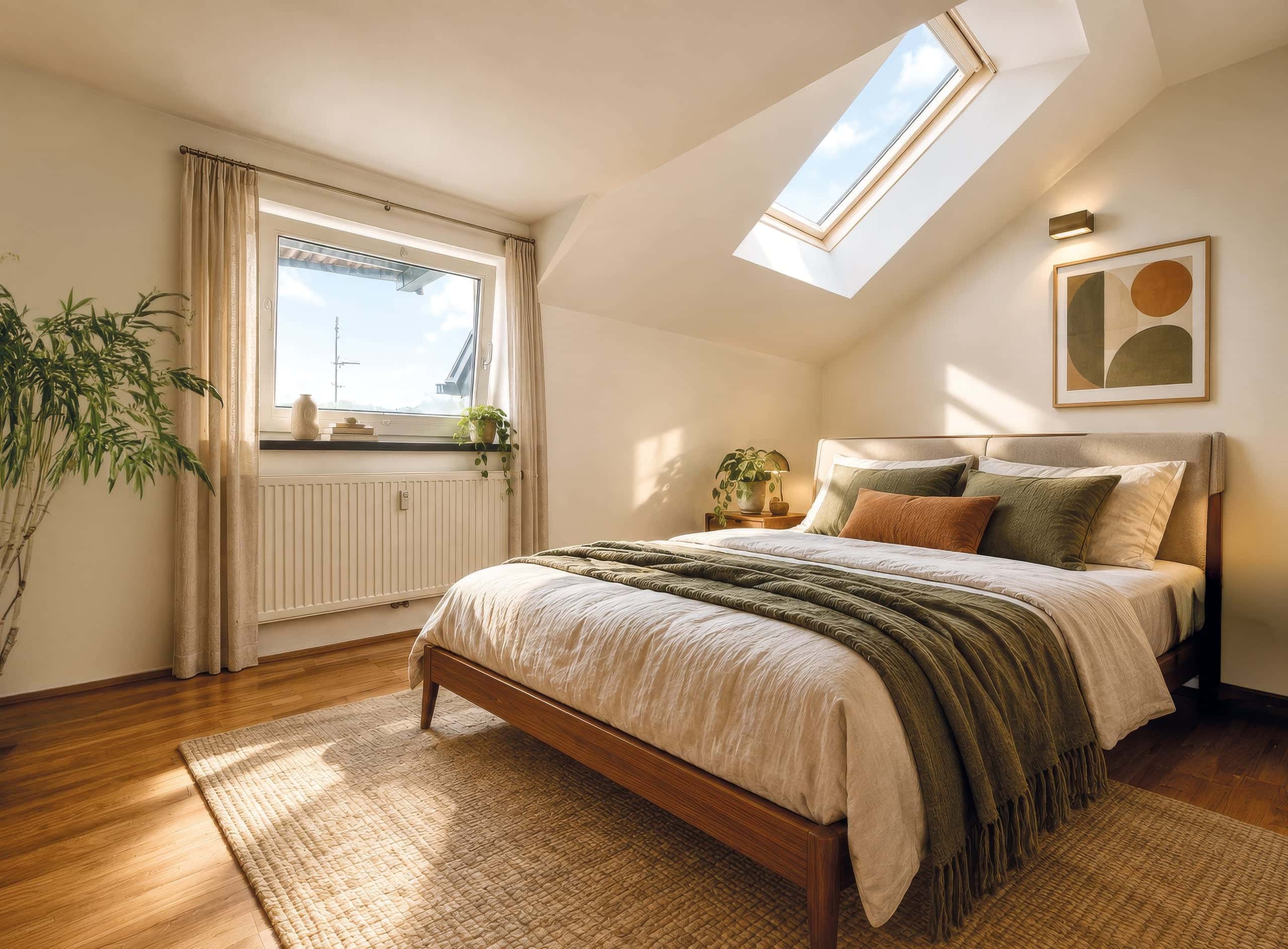Dachgeschoss kaufen in Oberndorf — modernes und helles Schlafzimmer mit zusätzlichem Dachfenster – Bild mit KI generiert
