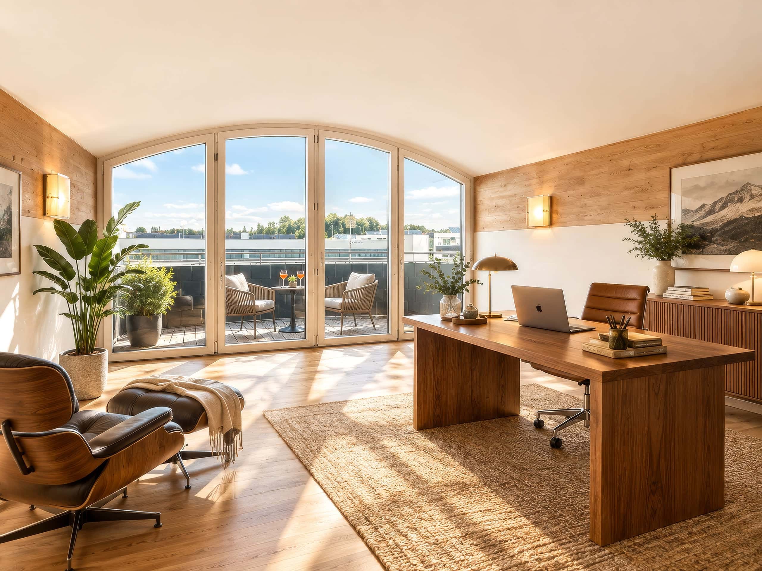 Dachgeschoss kaufen in Oberndorf — offene Galerie mit direktem Zugang zum Balkon – ideal für Homeoffice, Bibliothek … (Bild mit KI generiert)