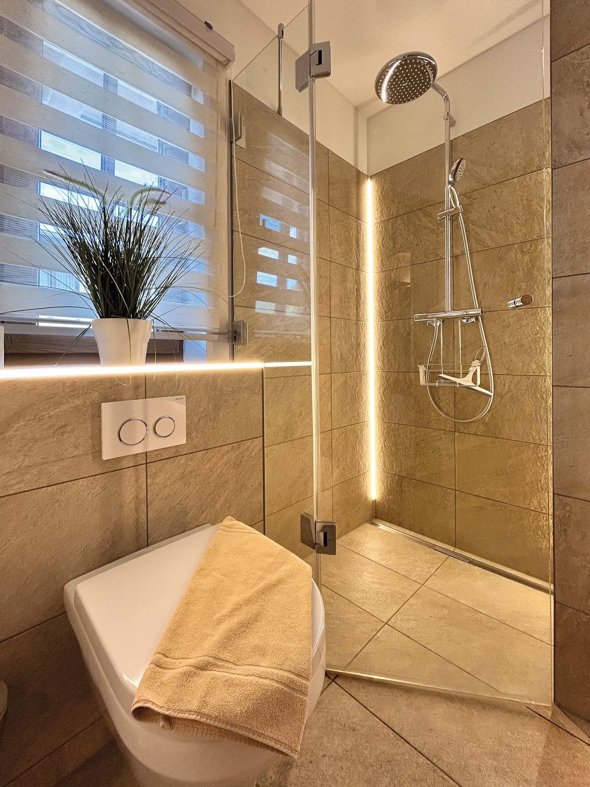geräumige Dusche und WC