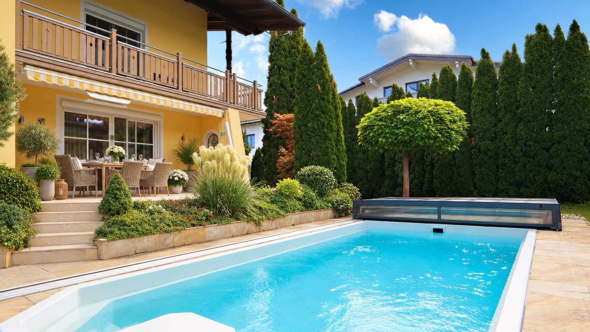 Einfamilienhaus mit Balkon, Terrasse und Pool im Garten