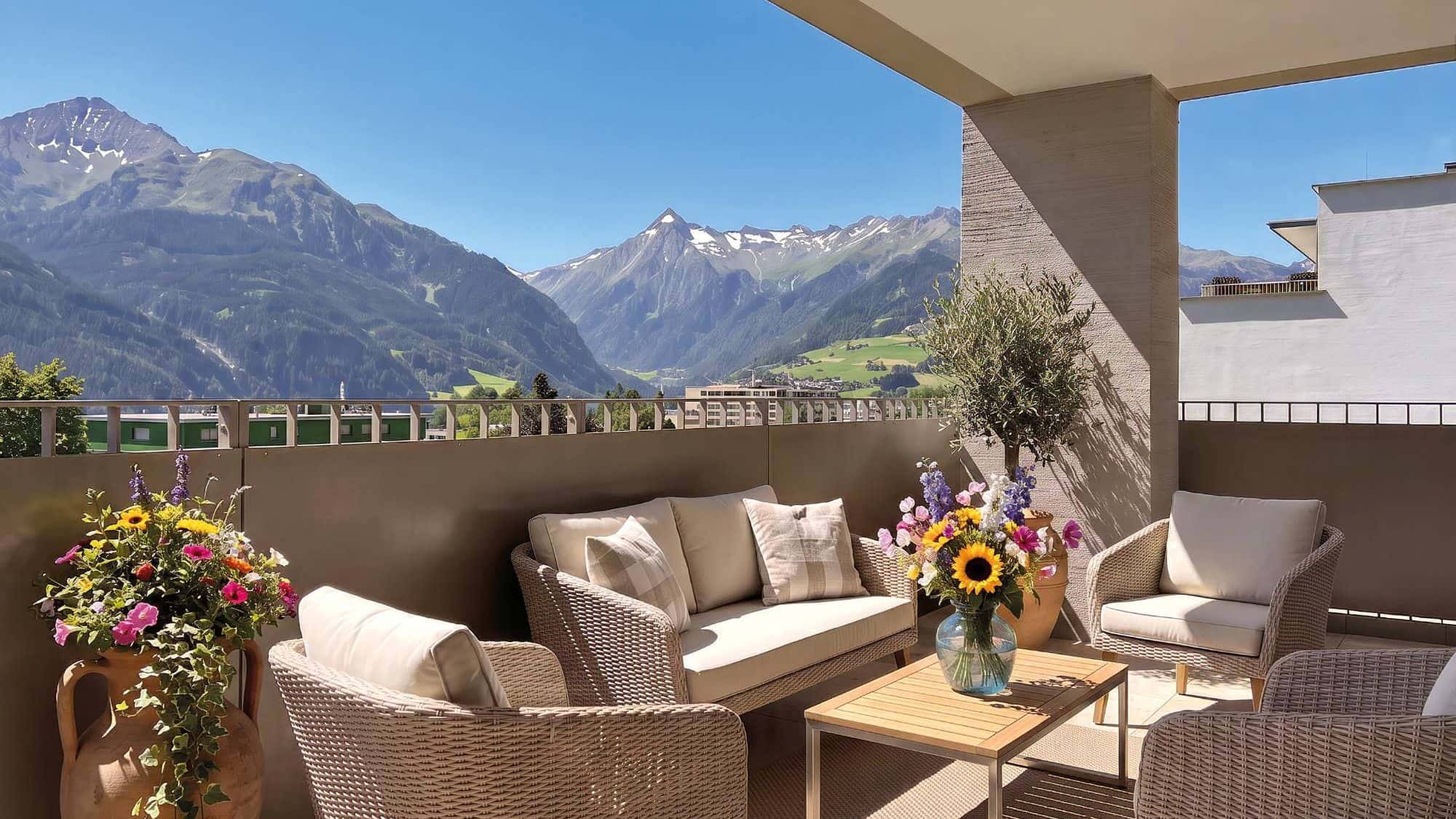 Überdachte Loggia mit Loungemöbeln und Blick auf die Berge