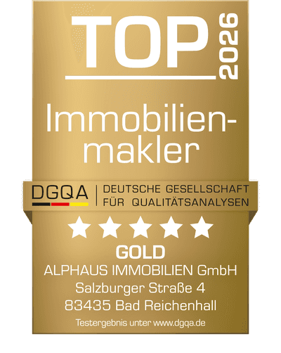 Siegel DGQA TOP Immobilienmakler 2026 in Gold für die ALPHAUS Immobilien GmbH