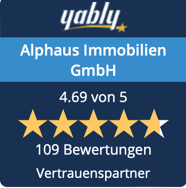 Siegel: ALPHAUS Immobilien GmbH, 4,69 von 5 aus 109 Bewertungen bei Yably