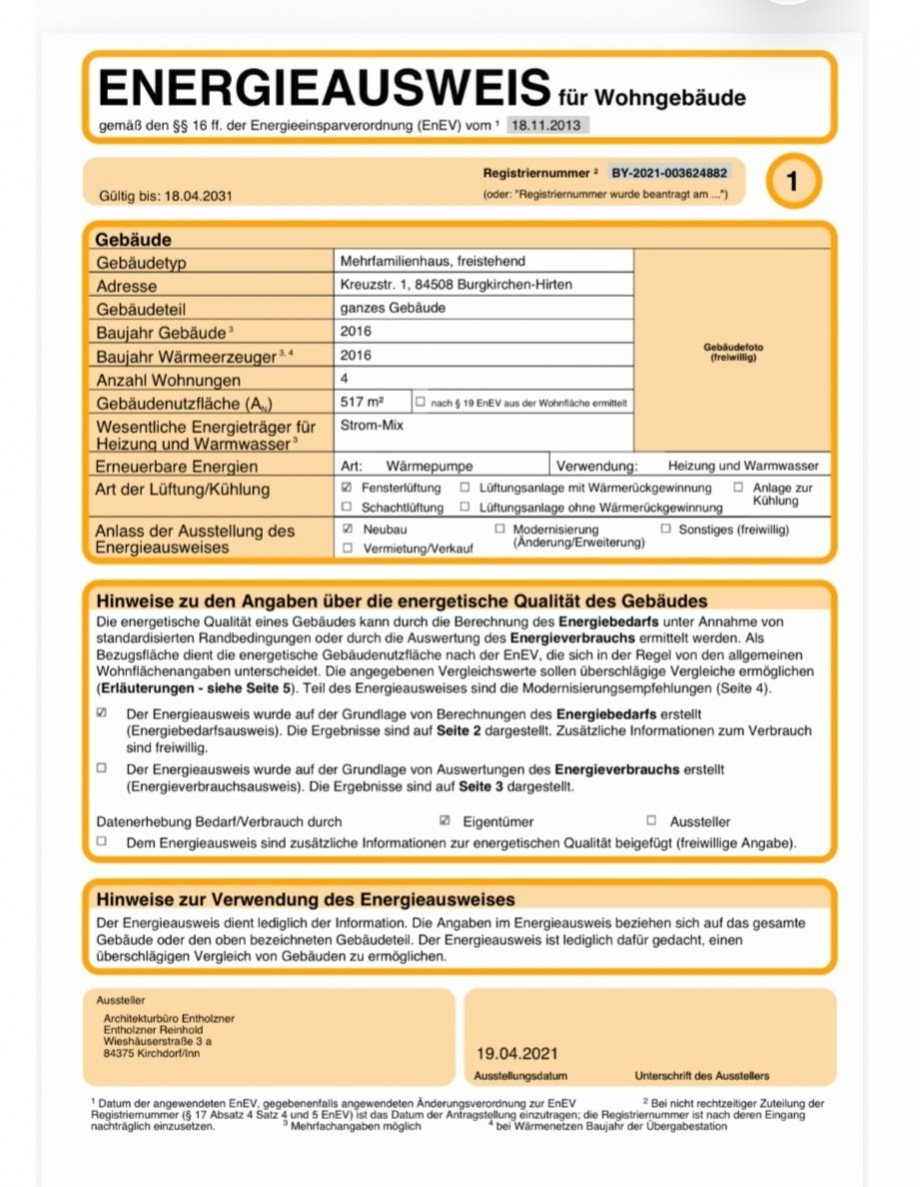 Energieausweis Seite 1 Erdgeschosswohnung Burgkirchen