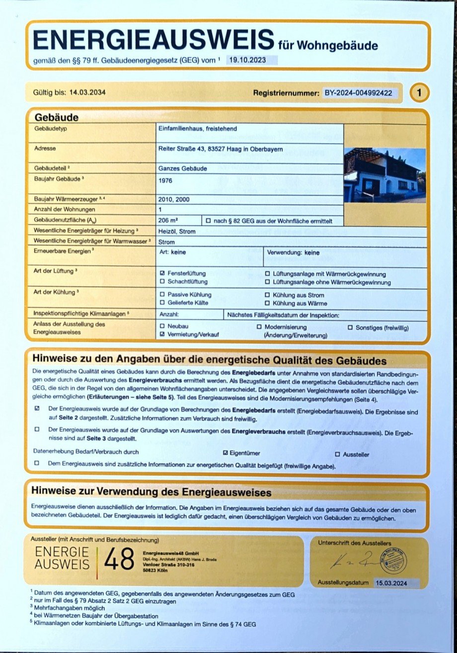 Energieausweis Seite 1 Einfamilienhaus Haag in Oberbayern